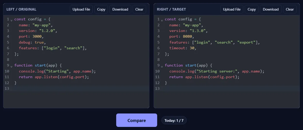 Two code editors side by side: Left / Original and Right / Target, each with Upload File, Copy, Download and Clear buttons, and the Compare button below.