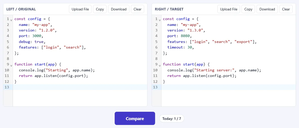 Two code editors side by side: Left / Original and Right / Target, each with Upload File, Copy, Download and Clear buttons, and the Compare button below.