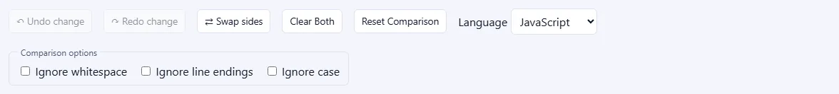 The toolbar with Undo change, Redo change, Swap sides, Clear Both, Reset Comparison, the Language menu and the comparison options.