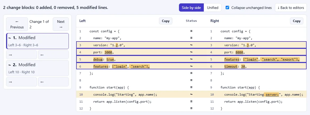The comparison result in side-by-side view: a summary line, the list of changes on the left, and highlighted changed lines with the differing characters marked.