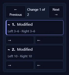 The change list with Previous and Next buttons, two modified changes, and arrow buttons under each change to move it to the other side.