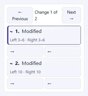 The change list with Previous and Next buttons, two modified changes, and arrow buttons under each change to move it to the other side.