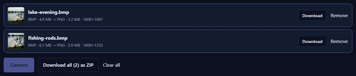 Two converted files with photo previews, their new PNG sizes and dimensions, Download buttons and a “Download all (2) as ZIP” button.