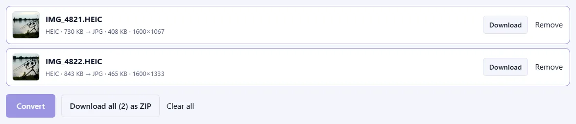 Two converted files with photo previews, their new JPG sizes and dimensions, Download buttons and a “Download all (2) as ZIP” button.