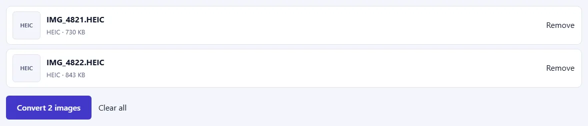 Two HEIC files waiting in the list, each with a Remove link, and a “Convert 2 images” button below.