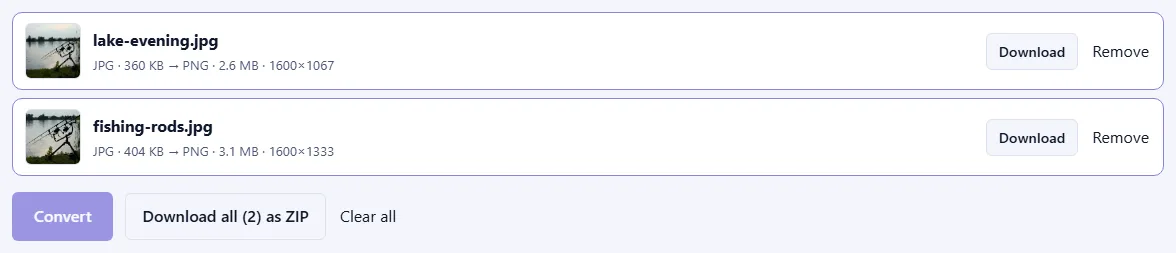 Two converted files with photo previews, their new PNG sizes and dimensions, Download buttons and a “Download all (2) as ZIP” button.