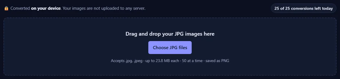 The upload box with the text “Drag and drop your JPG images here” and a Choose JPG files button, and a counter of conversions left today.