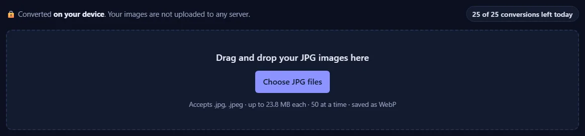 The upload box with the text “Drag and drop your JPG images here” and a Choose JPG files button, and a counter of conversions left today.