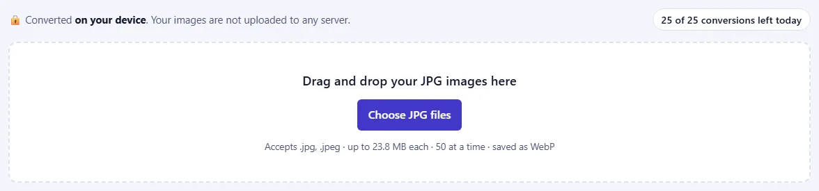The upload box with the text “Drag and drop your JPG images here” and a Choose JPG files button, and a counter of conversions left today.