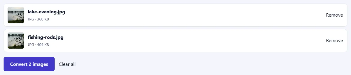 Two JPG files waiting in the list, each with a Remove link, and a “Convert 2 images” button below.