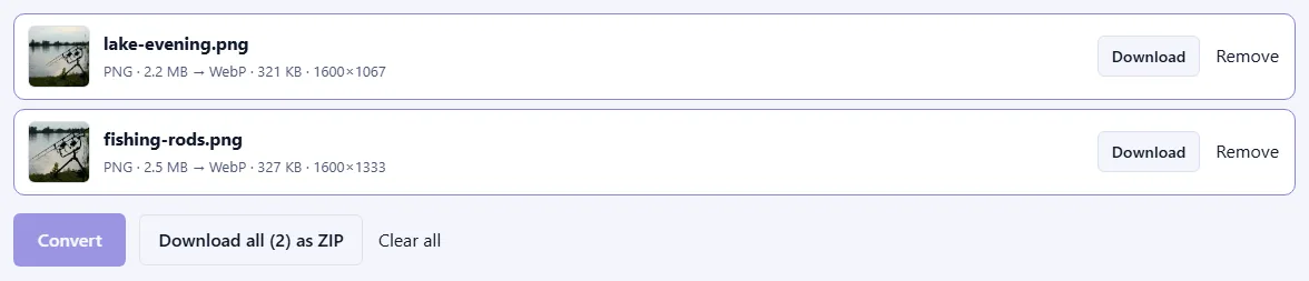 Two converted files with photo previews, their new WebP sizes and dimensions, Download buttons and a “Download all (2) as ZIP” button.