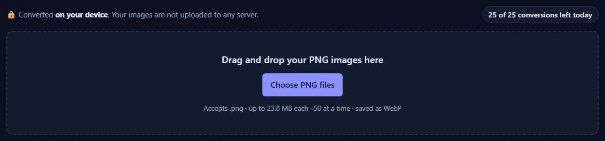 The upload box with the text “Drag and drop your PNG images here” and a Choose PNG files button, and a counter of conversions left today.