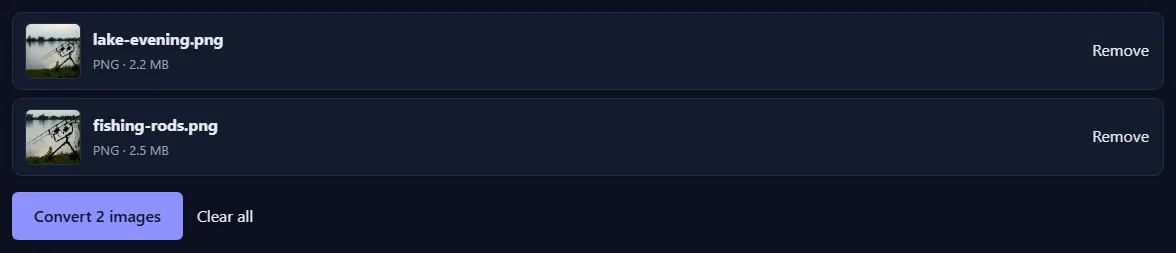 Two PNG files waiting in the list, each with a Remove link, and a “Convert 2 images” button below.