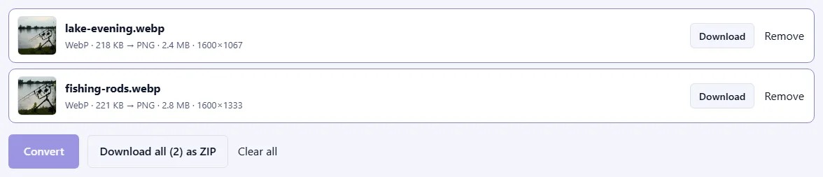 Two converted files with photo previews, their new PNG sizes and dimensions, Download buttons and a “Download all (2) as ZIP” button.