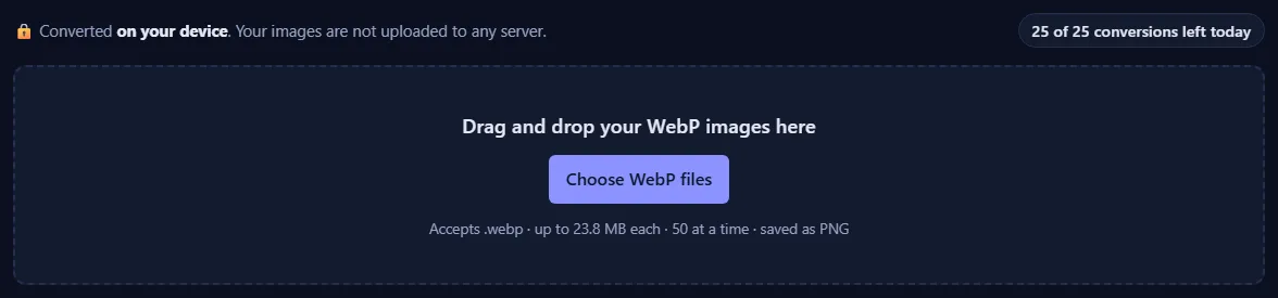 The upload box with the text “Drag and drop your WebP images here” and a Choose WebP files button, and a counter of conversions left today.