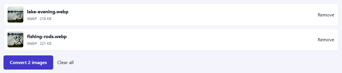Two WebP files waiting in the list, each with a Remove link, and a “Convert 2 images” button below.