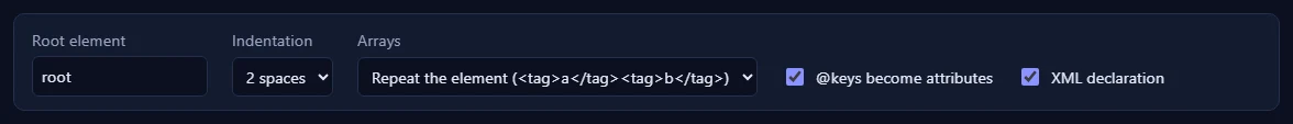 The XML options: Root element, Indentation, Arrays, and checkboxes for @keys become attributes and XML declaration.