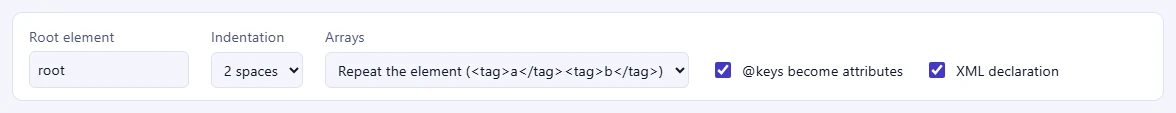 The XML options: Root element, Indentation, Arrays, and checkboxes for @keys become attributes and XML declaration.