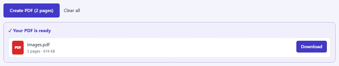 The Create PDF button and a “Your PDF is ready” panel with the PDF's name, page count, size and a Download button.