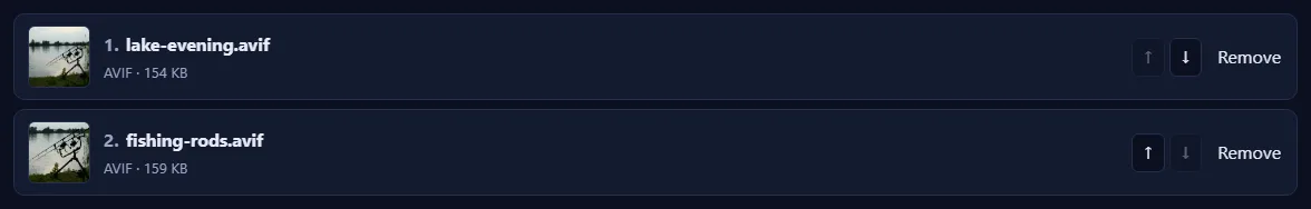 A numbered list of pictures with up and down arrow buttons and a Remove link on each.