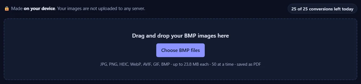 The upload box with a Choose button and the list of accepted formats, and a counter of conversions left today.