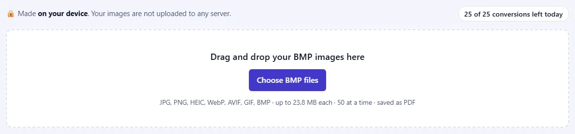 The upload box with a Choose button and the list of accepted formats, and a counter of conversions left today.