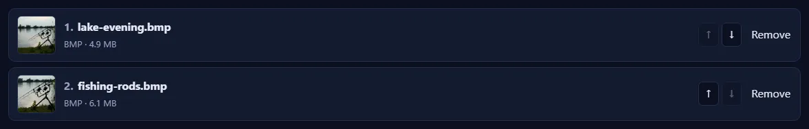 A numbered list of pictures with up and down arrow buttons and a Remove link on each.