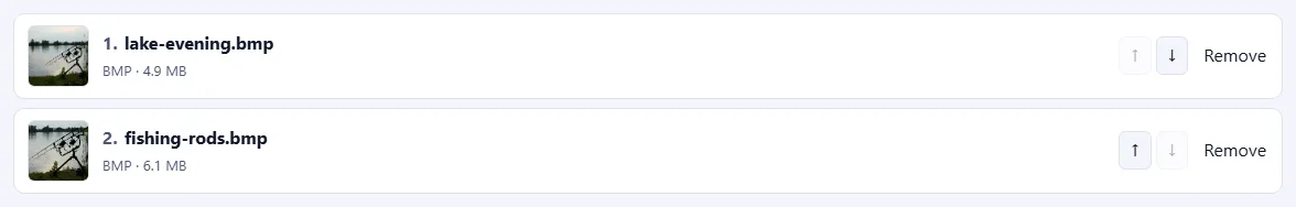 A numbered list of pictures with up and down arrow buttons and a Remove link on each.