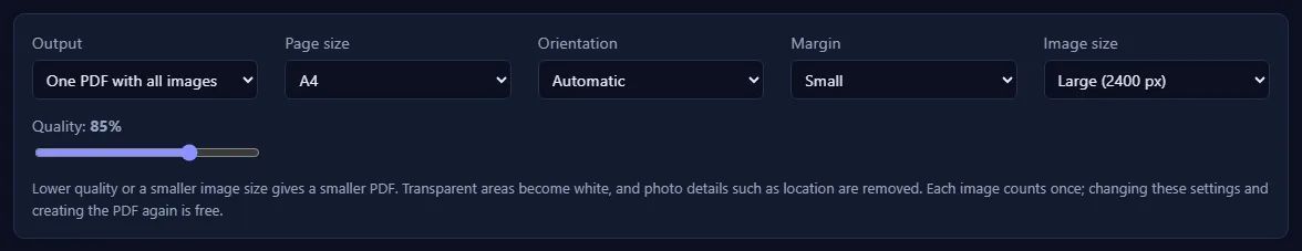 The PDF settings: Output, Page size, Orientation, Margin, Image size and a Quality slider.