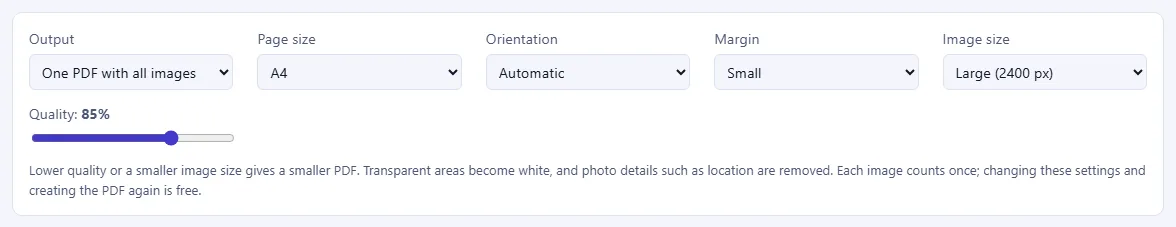 The PDF settings: Output, Page size, Orientation, Margin, Image size and a Quality slider.
