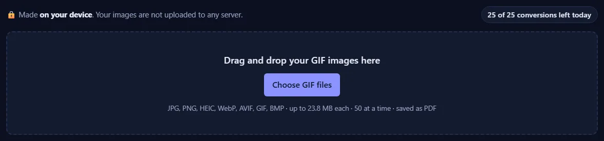 The upload box with a Choose button and the list of accepted formats, and a counter of conversions left today.