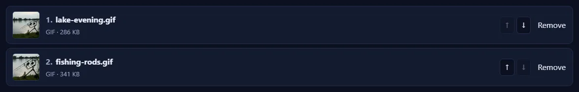 A numbered list of pictures with up and down arrow buttons and a Remove link on each.