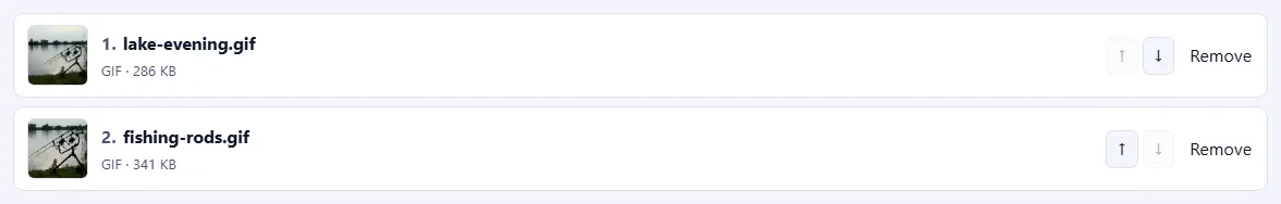 A numbered list of pictures with up and down arrow buttons and a Remove link on each.