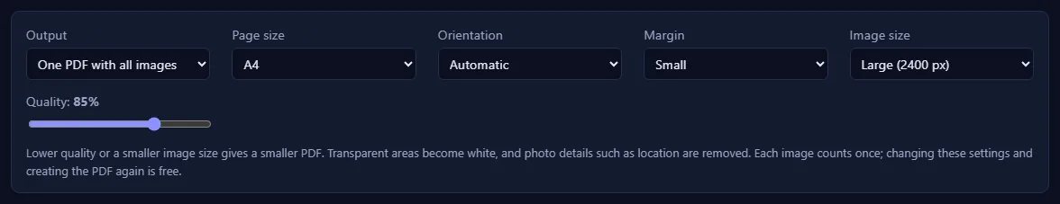 The PDF settings: Output, Page size, Orientation, Margin, Image size and a Quality slider.