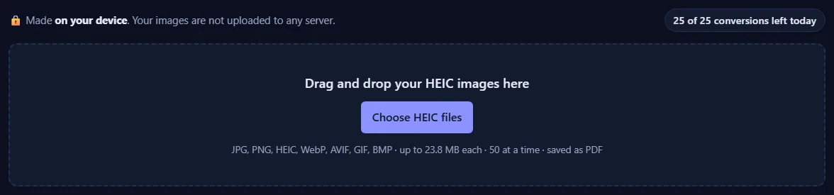 The upload box with a Choose button and the list of accepted formats, and a counter of conversions left today.