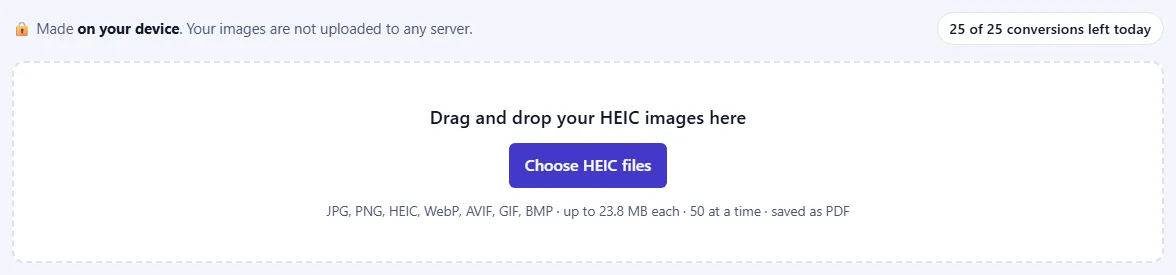 The upload box with a Choose button and the list of accepted formats, and a counter of conversions left today.