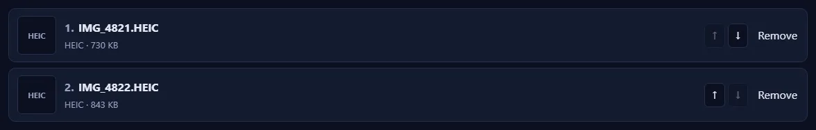 A numbered list of pictures with up and down arrow buttons and a Remove link on each.