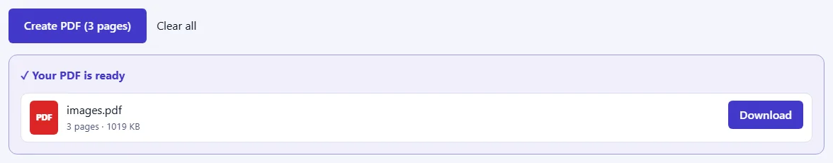 The Create PDF button and a “Your PDF is ready” panel with the PDF's name, page count, size and a Download button.