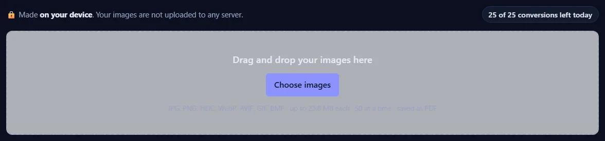 The upload box with a Choose button and the list of accepted formats, and a counter of conversions left today.