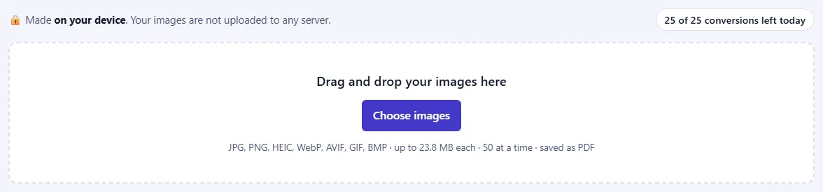 The upload box with a Choose button and the list of accepted formats, and a counter of conversions left today.