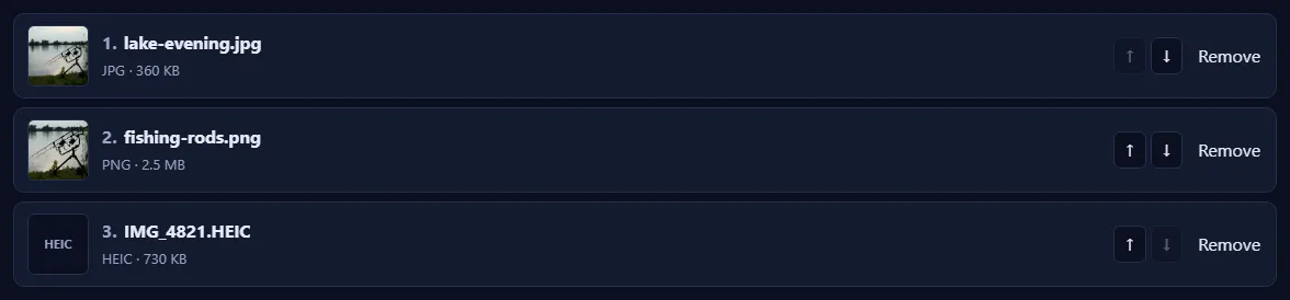 A numbered list of pictures with up and down arrow buttons and a Remove link on each.