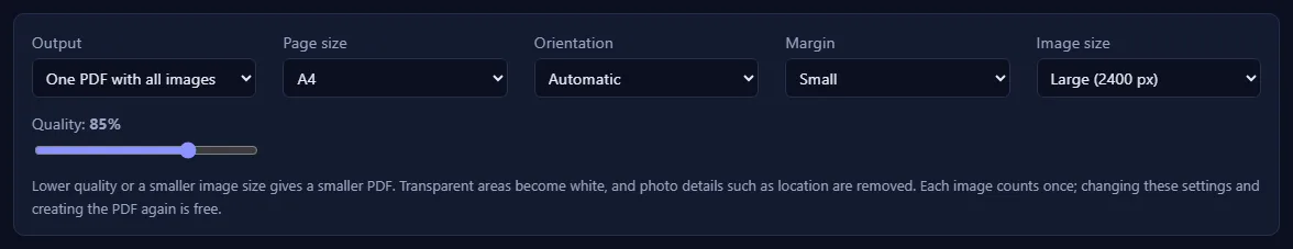 The PDF settings: Output, Page size, Orientation, Margin, Image size and a Quality slider.