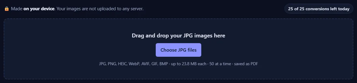 The upload box with a Choose button and the list of accepted formats, and a counter of conversions left today.