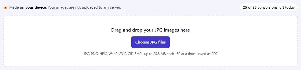 The upload box with a Choose button and the list of accepted formats, and a counter of conversions left today.