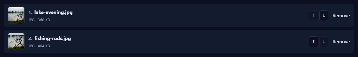 A numbered list of pictures with up and down arrow buttons and a Remove link on each.