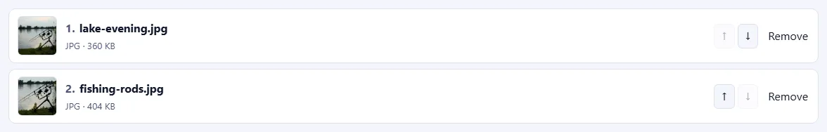 A numbered list of pictures with up and down arrow buttons and a Remove link on each.