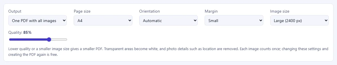The PDF settings: Output, Page size, Orientation, Margin, Image size and a Quality slider.
