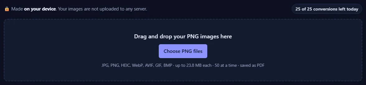 The upload box with a Choose button and the list of accepted formats, and a counter of conversions left today.