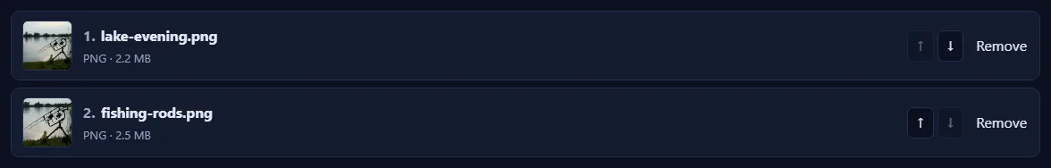 A numbered list of pictures with up and down arrow buttons and a Remove link on each.