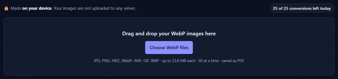 The upload box with a Choose button and the list of accepted formats, and a counter of conversions left today.
